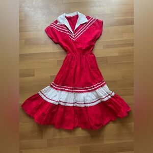 Vintage patio dress, Red and White with silver ric rac, xs
